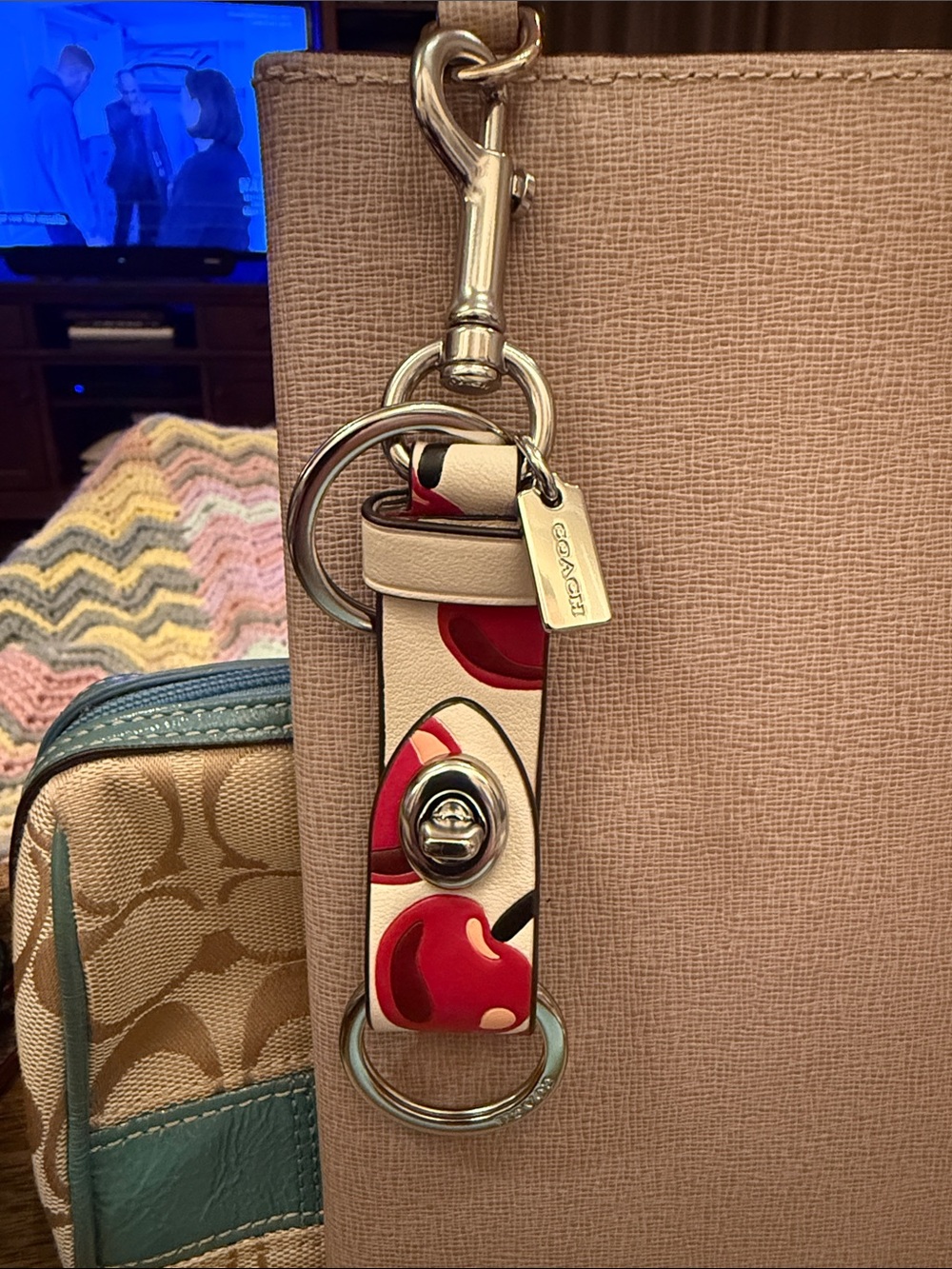 NWOT Coach Cherry Leather Key Fob in Cream and Red